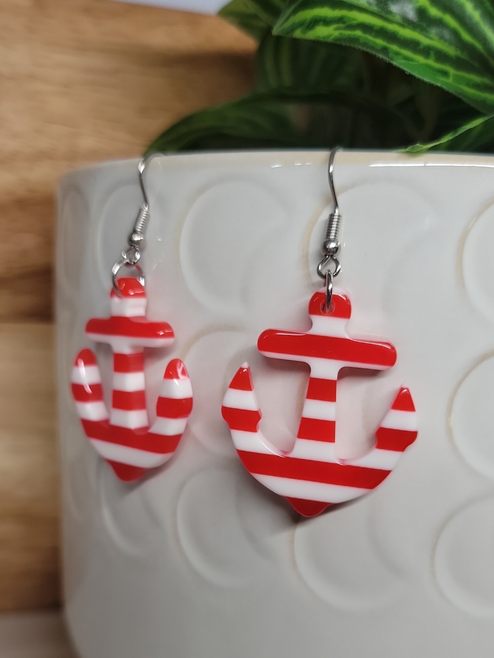 Red and White Striped Anchor Dangle Earrings